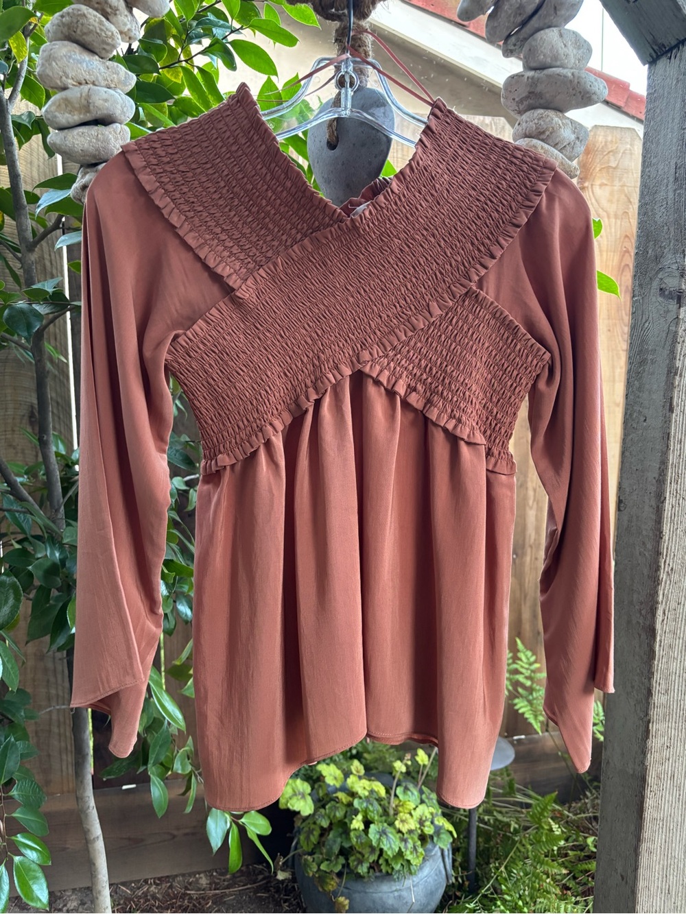 Women's Smocked Cross-Front Blouse in Rust